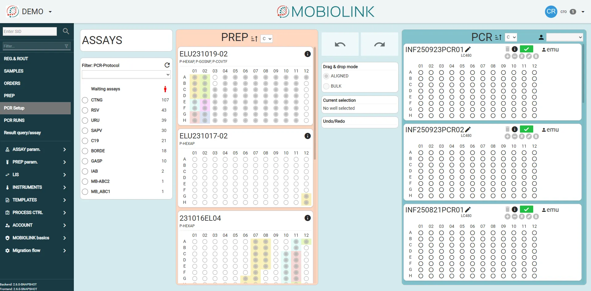 Mobiolink interface: PCR planning, queue of waiting assays and plate arrangement by drag & drop