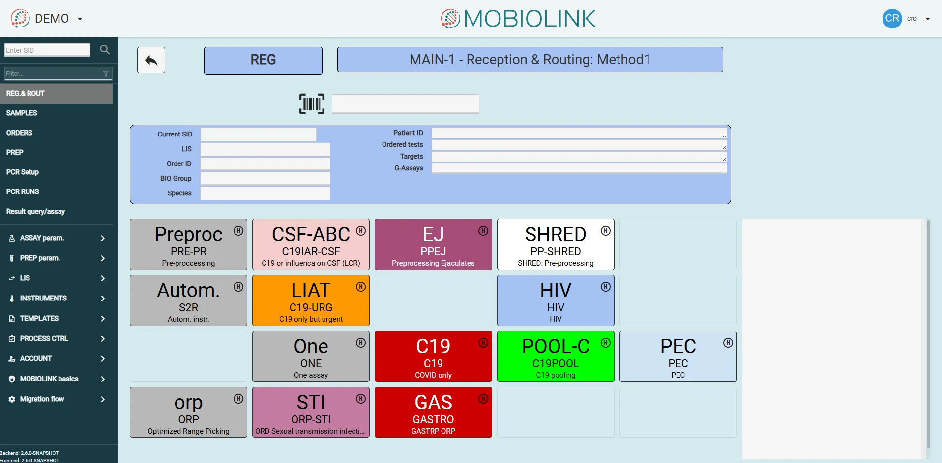Mobiolink interface: intake screen — SID scan, LIS data and routing tiles to assays/methods
